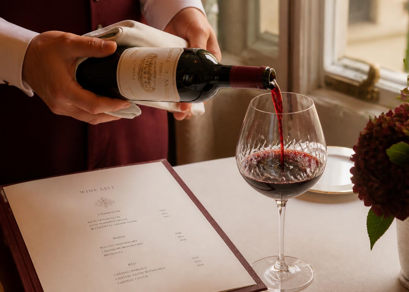 Red wine being poured beside a restaurant wine list